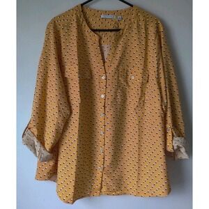 Notations Woman Plus Size 3X Yellow/Black/White Polka Dot Roll-tab Sleeves